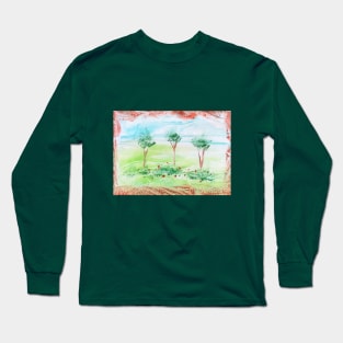 Summer landscape, trees and beautiful nature. Encaustic, art decoration, sketch Long Sleeve T-Shirt